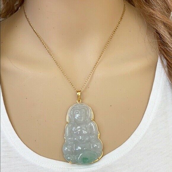 14K Solid Gold Natural Jadeite Jade Kwan Yin Icy Clear Buddha Pendant Large