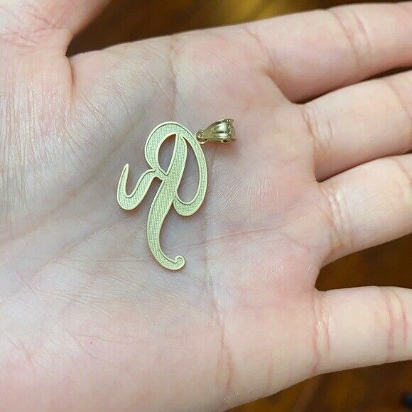 10k Solid Yellow Gold Cursive Initial Letter R Pendant Necklace