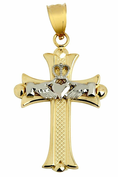 14k Solid Two Tone Gold Claddagh Cross Pendant Necklace 16" 18" 20" 22"