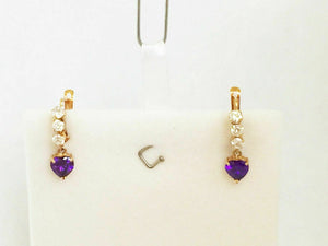 14K Solid Yellow Gold Small Heart Purple February Amethyst CZ Earrings
