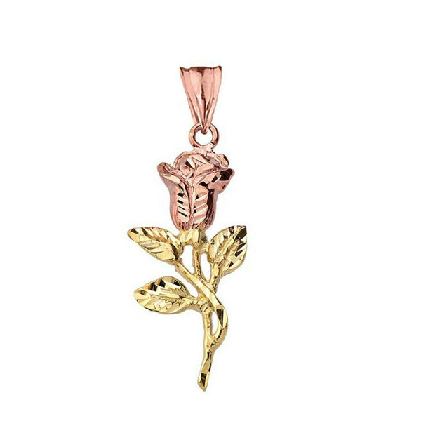 10k Two Tone Gold Sparkle Cut Rose Pendant Necklace - Yellow Rose