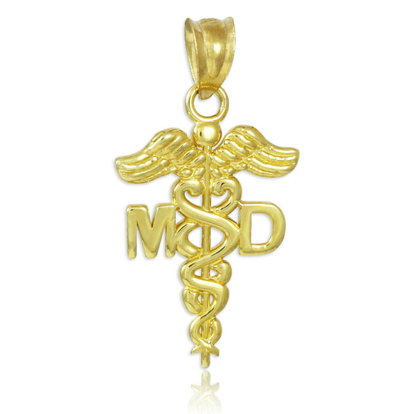 10K Solid Gold Medical Doctor MD Caduceus Pendant Necklace
