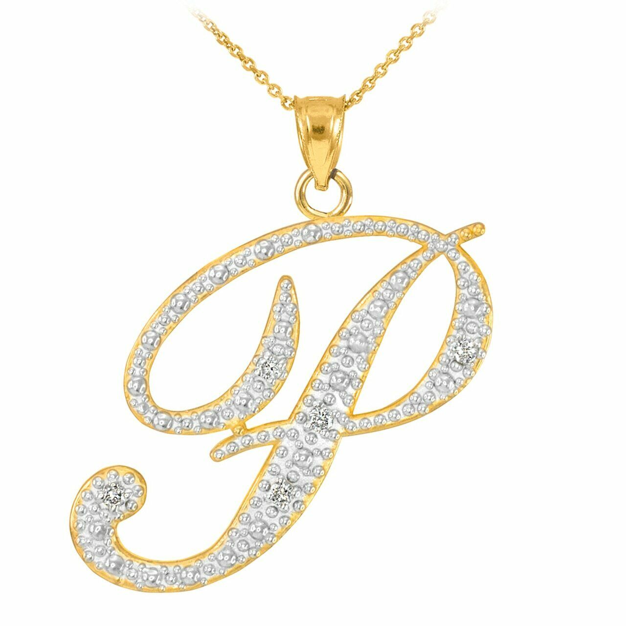 14k Solid Yellow Gold Diamonds Initial Script Letter P Pendant Necklace