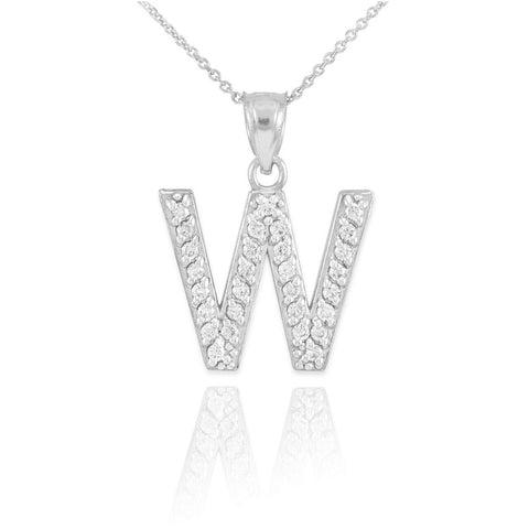 925 Sterling Silver Letter "W" Initial CZ Monogram Pendant Necklace 16 18 20 22"