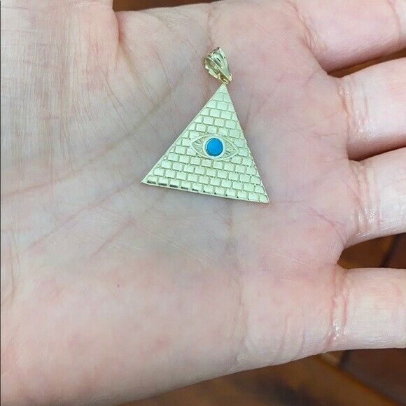14k Yellow Gold Egyptian Pyramid with Turquoise Evil Eye Pendant Necklace