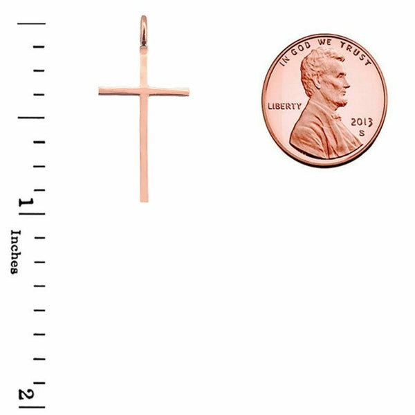 14k Real Rose Gold Small Dainty Thin Simple Plain Cross Pendant Necklace