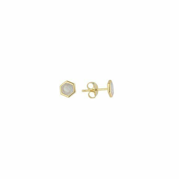 14K Solid Yellow Gold Pearl Enamel Mini Stud Hexagon Shape Earrings -Minimalist