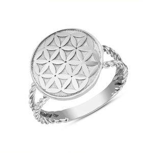 925 Sterling Silver Round Rope Split Shank Flower of Life Design Unisex Ring