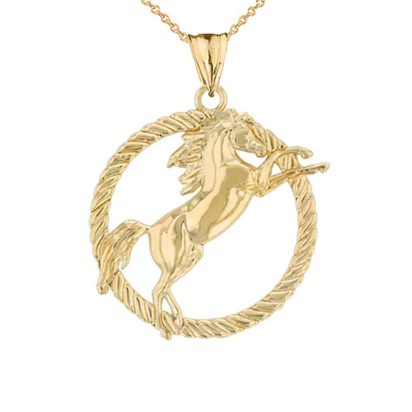 10K Solid Yellow Gold Stallion Horse Rope Pendant Necklace