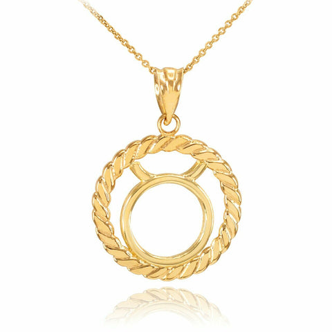 14K Solid Gold Taurus Zodiac Sign in Circle Rope Pendant Necklace