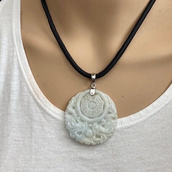 925 Sterling Silver Carving Jade Dragon Phoenix Yin Yang Pendant Necklace