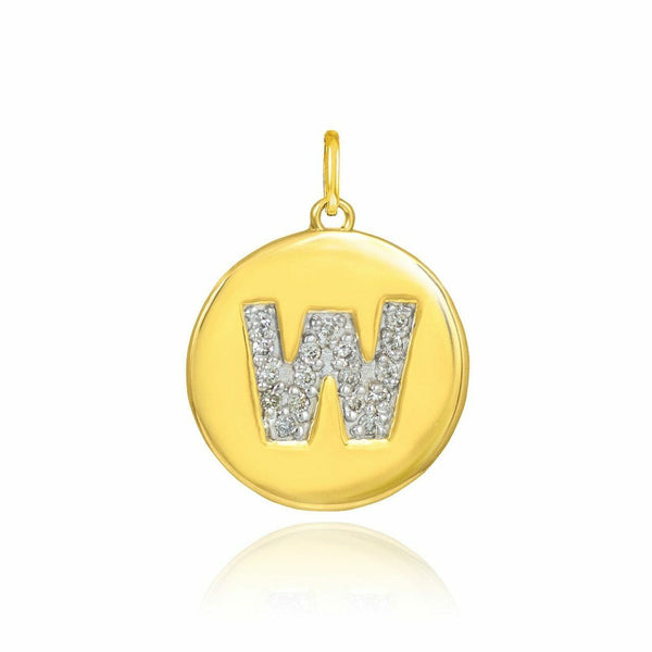 Solid 10k Yellow Gold Letter "W" Initial Diamond Disc Charm Pendant Necklace