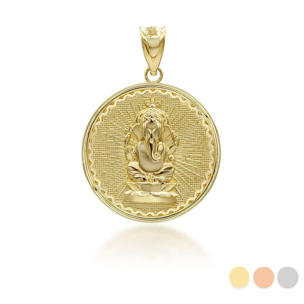 14K Solid Gold Lord Ganesha Hindu Coin Pendant Necklace -Yellow, Rose, or White