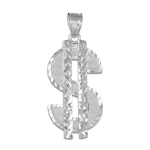 925 Sterling Silver Bling Bling Diamond Cut Dollar Sign Money Pendant Necklace