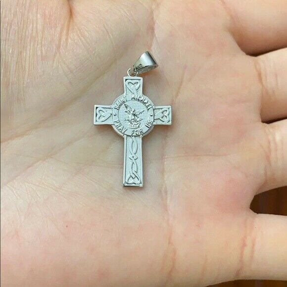 10k White Gold Saint St. Michael Pray For Us Celtic Heart Cross Pendant Necklace