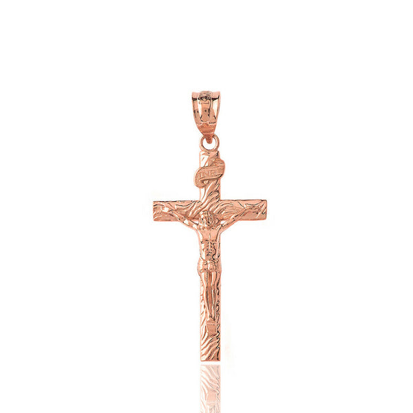 10K Solid Gold INRI Jesus of Nazareth Crucifix Wooden Texture Pendant Necklace