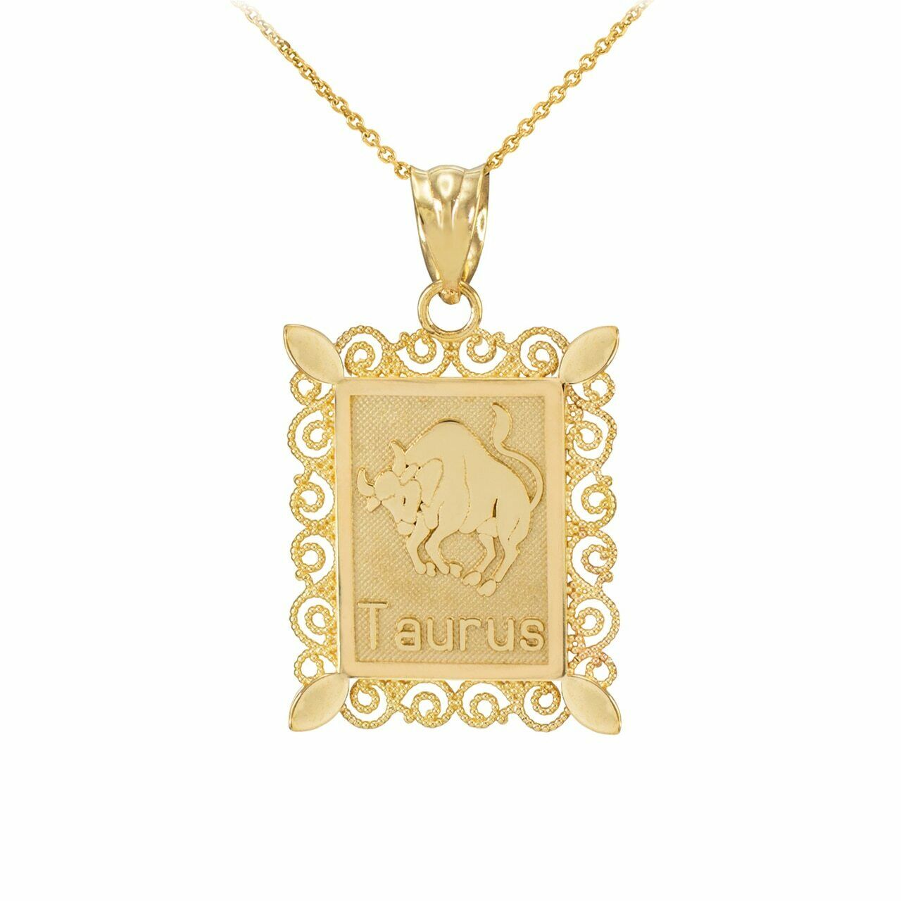 14k Solid Polished Gold Taurus Zodiac Sign Rectangular Pendant Necklace