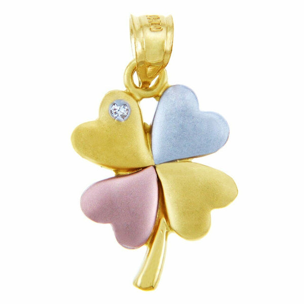 14K Solid Tri Tone Gold Four Leaf Clover Celtic CZ Pendant Necklace