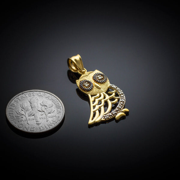 10K Solid Gold Bohemian Owl Diamond Pendant Necklace - Yellow, Rose, or White