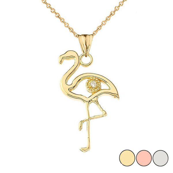 10k Solid Yellow Gold Diamond Small Flamingo Pendant Necklace 16" 18" 20" 22"