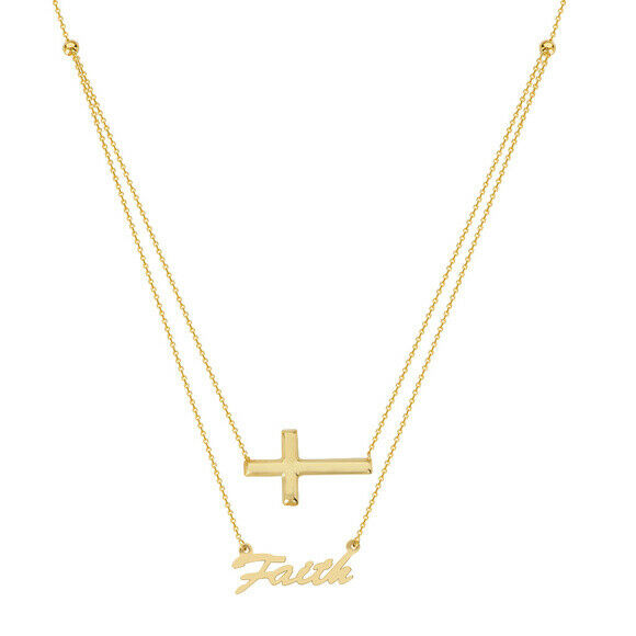 14K Solid Gold Duo Layer Sideways Cross and Faith Plate Necklace Adjust 16"-18"