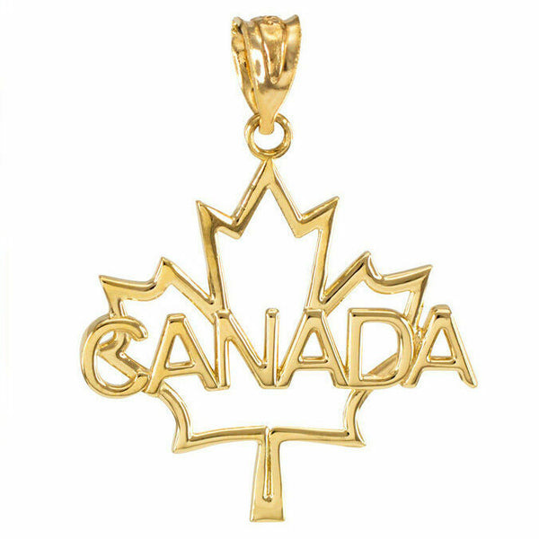 14K Solid Yellow Gold Maple Leaf "CANADA" Word Pendant Necklace