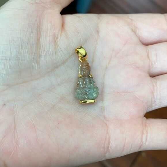 14K Solid Gold Happy Kwan Yin Guanyin Buddha Female Red Jade Pendant Small Kid