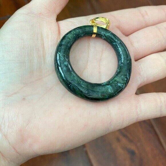 14K Solid Gold Green Large Round Natural Jade Pendant Necklace