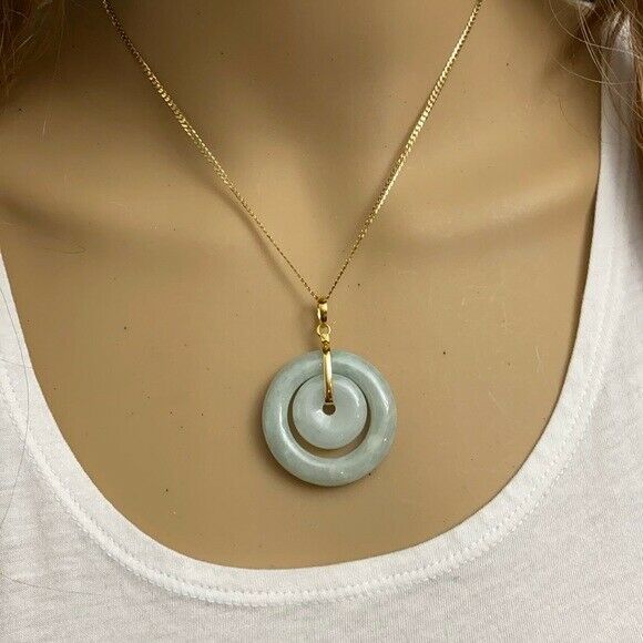 14K Solid Yellow Gold Round Double Donut Natural Jade Pendant Charm Light Green