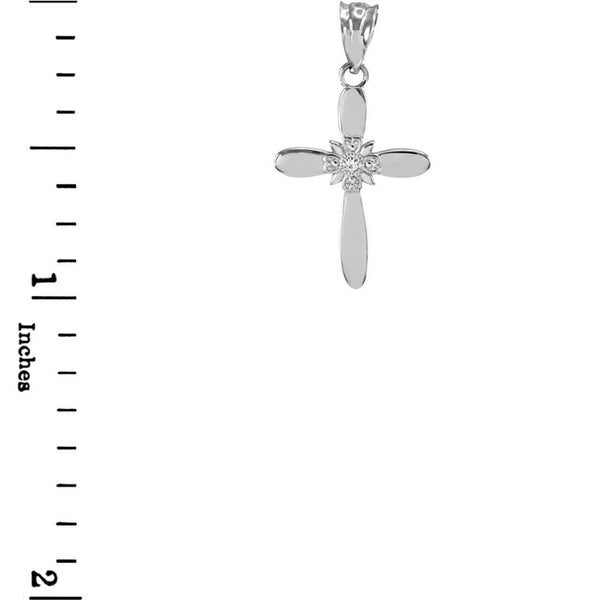 Solid 14k White Gold Dainty Accent Solitaire Diamond Cross Pendant Necklace