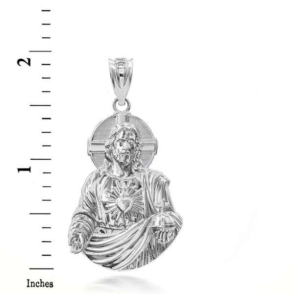 925 Sterling Silver 3D Jesus Christ Sacred Heart Big Pendant Necklace