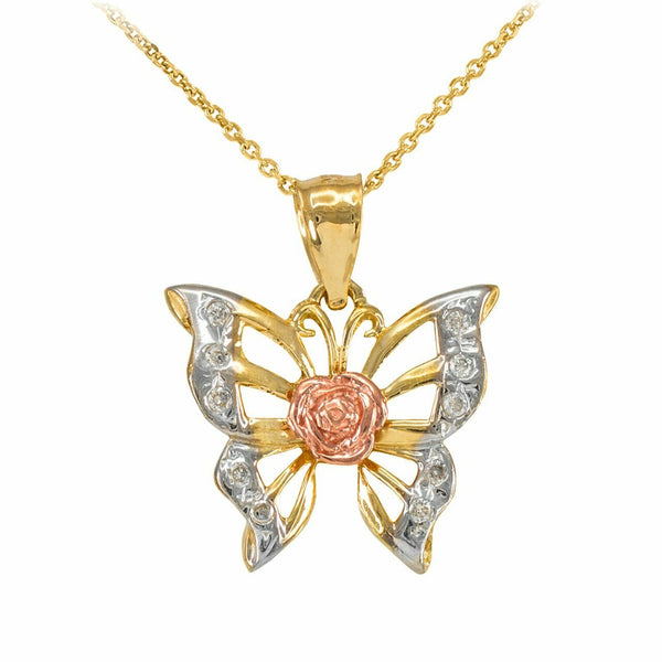 Fine 10k Three-Tone Gold Fashion Women's Butterfly CZ Pendant Necklace