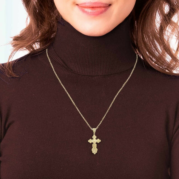 14K Solid Gold Orthodox Crucifix Pendant Necklace - Yellow, Rose, or White Gold