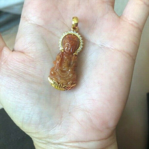 14K Yellow Gold Lady Kwan Yin Buddha Natural Red Jade Religious Pendant - P517
