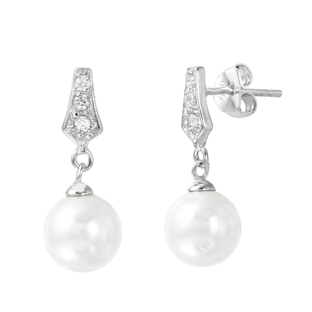Sterling Silver 925 Rhodium Plated CZ Dangling Pearl Post Earrings