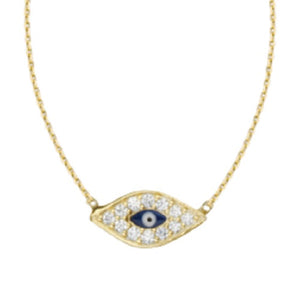 14K Yellow Gold Mini Evil Eye Necklace with Adjustable Cable Chain