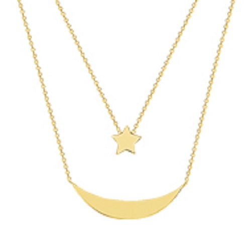 14K Yellow Gold Duo Celestial Moon Star Necklace with Adjustable Chain