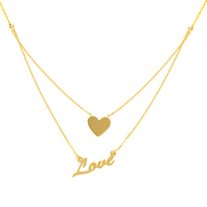 14K Gold Duo Layering Love and Heart Adjustable Necklace