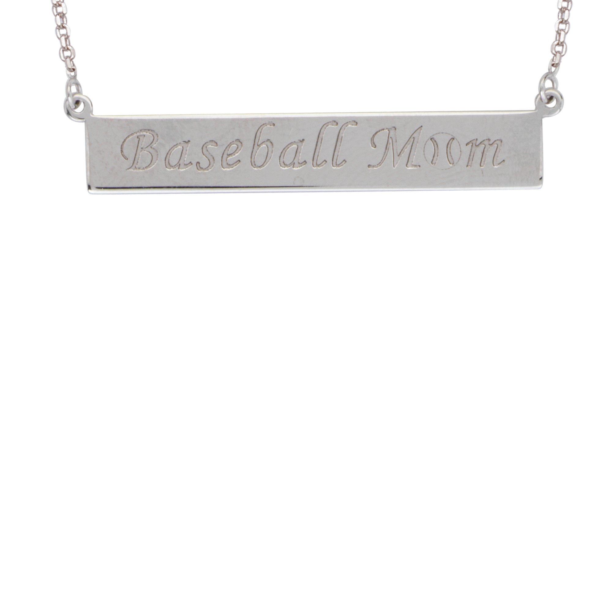 Sterling Silver Baseball Mom Engraved Bar Necklace