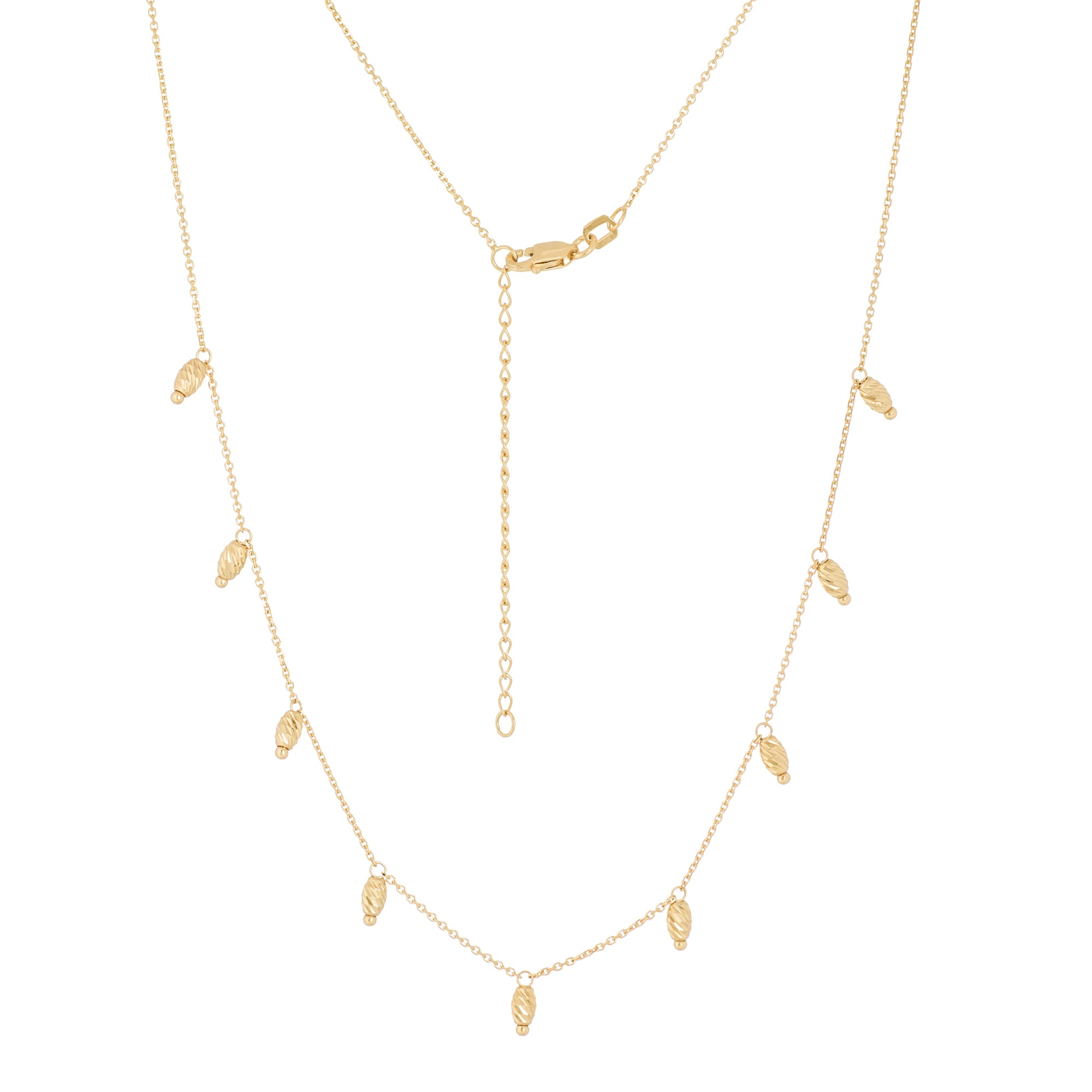 14K Yellow Gold Bead Stations 9pcs Adjustable Necklace with Cable Chain