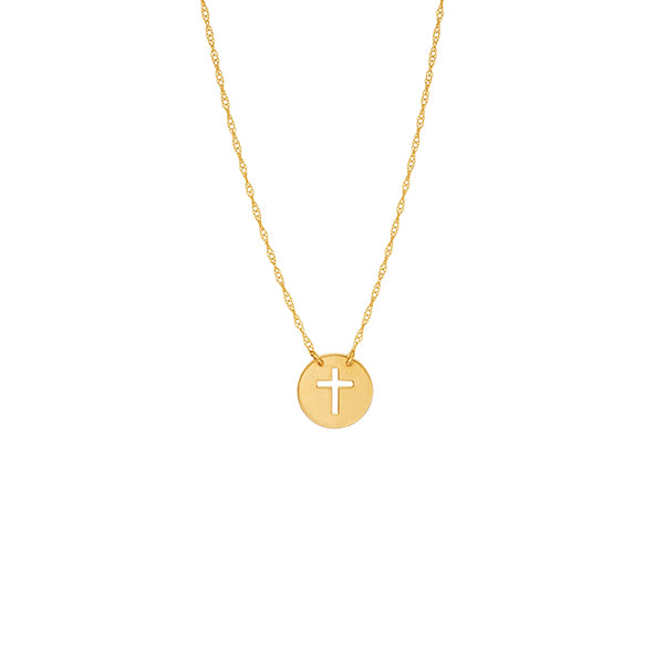 14K Yellow Gold Mini Disk Cut Out Cross Dainty Necklace - Minimalist