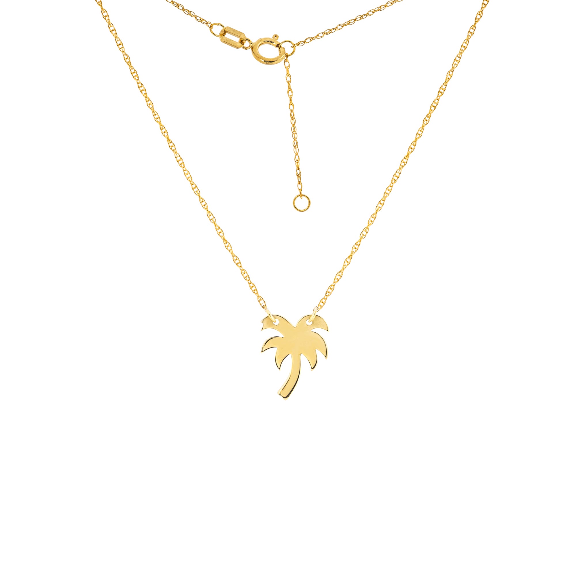 14K Yellow Gold Mini Palm Tree Pendant Necklace With Rope Chain