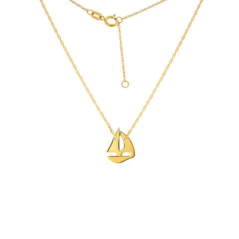 14K Yellow Gold Mini Sailing Boat Necklace With Adjustable Rope Chain