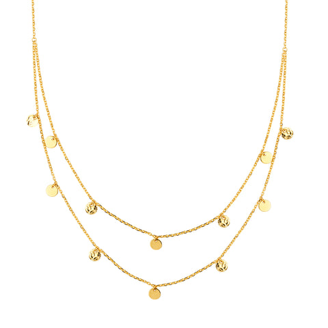 14K Yellow Gold Text/Pol Disc Double Strand BIB Necklace