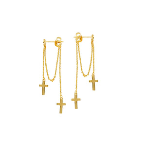 14K Yellow Gold Front to Back Chain Dangle Double Drop Cross Post Earrings