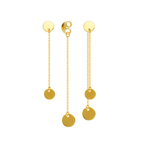 14K Yellow Gold Front to Back Dangle Disc Chain Drop Earrings