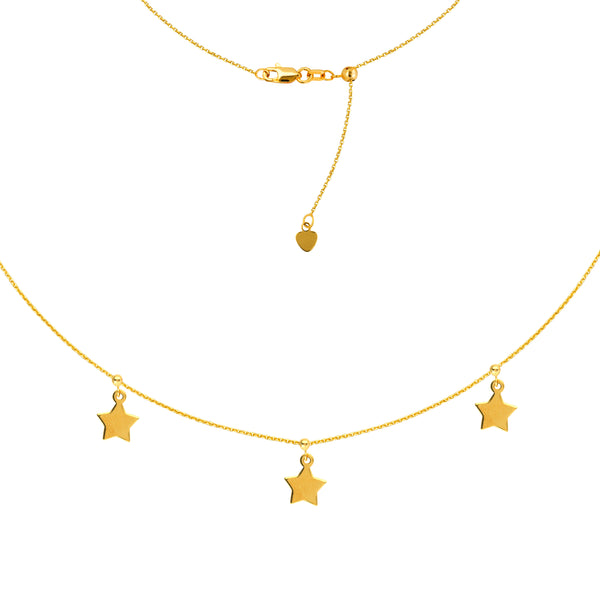 14K Yellow Gold Dangle Triple Star Adjustable Choker Necklace