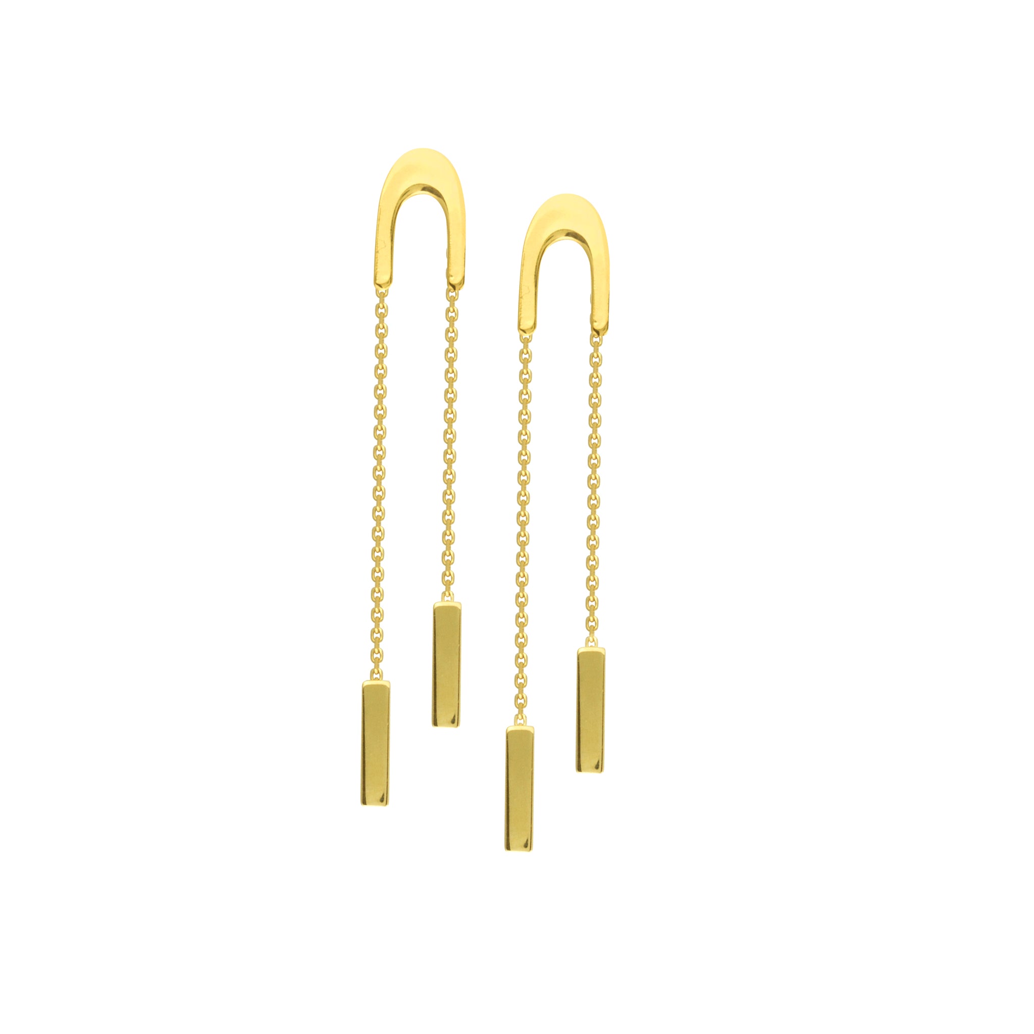 14K Gold U Shape Front Threaders With Dangle 8MM Bar Earrings