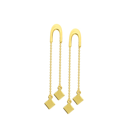 14K Gold U Shape Front Threaders With Dangle Cubes Earrings