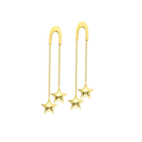 14K Gold U Shape Front Threader Dangle Puff Stars Earrings